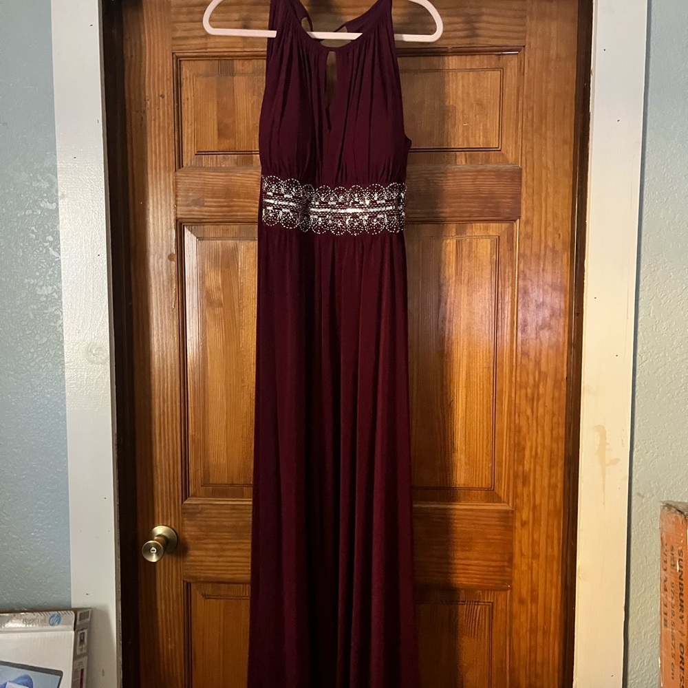 R & M Richards Burgundy Maxi Dress with Silver Accents